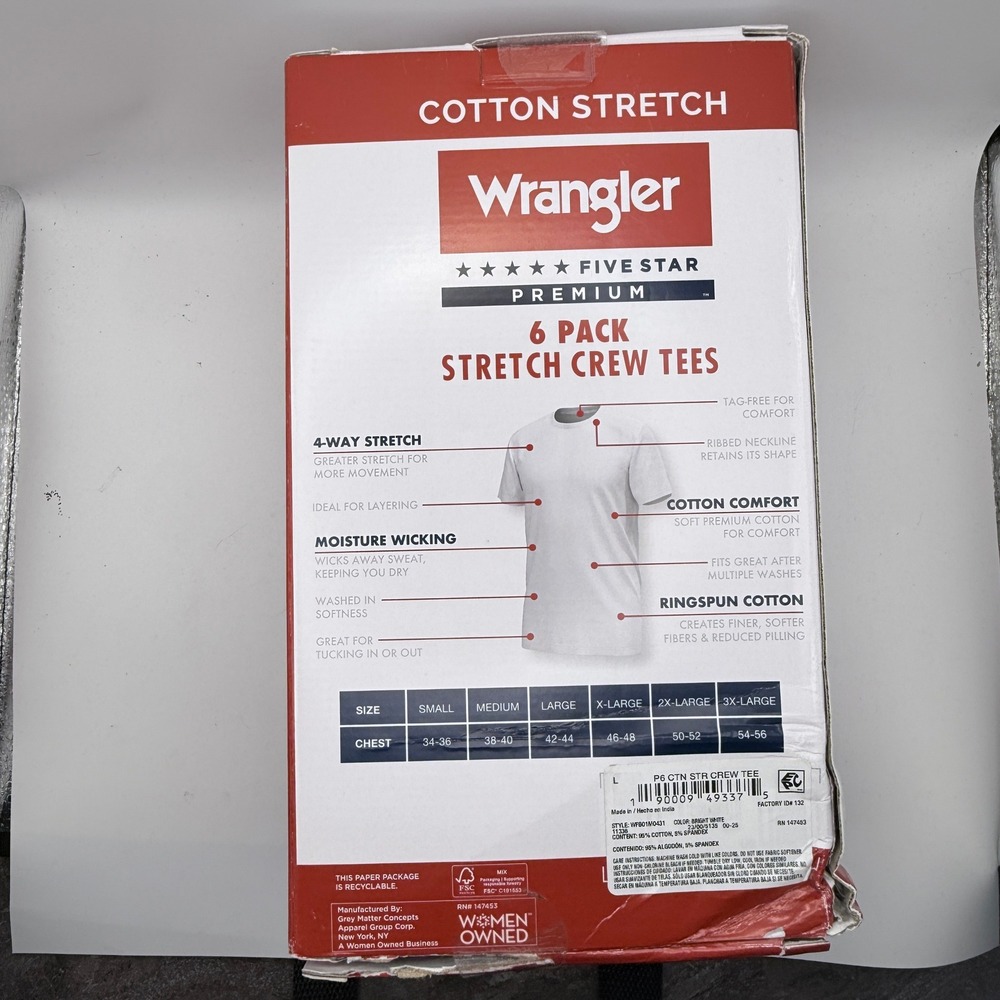 Wrangler 6 Pack Stretch Crew Tees Mens Large White Cotton Five Star Premium - Picture 3 of 4